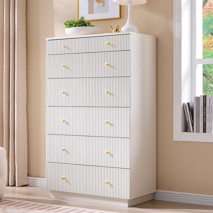 Fluted Dresser for Bedroom, 48" H White 7 Drawer Dressers, Wood Tall Dresser Storage Organizer, Modern Bedroom Chest with Deep Storage for Closet Hallway, Entryway, Living Room White