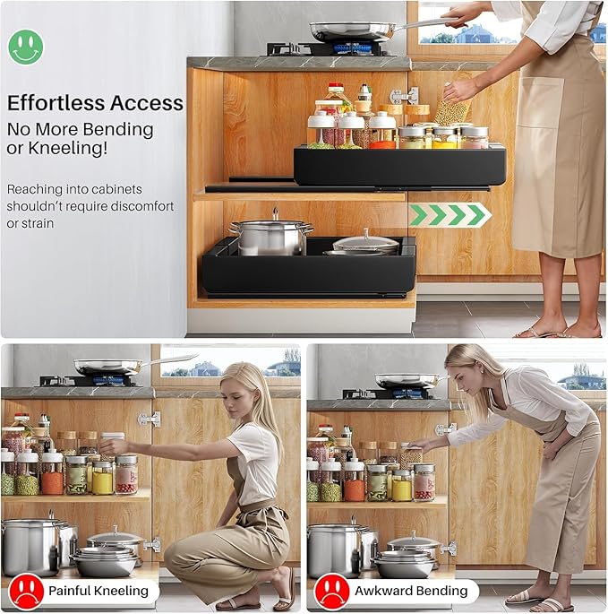 2 Pack Pull out Cabinet Organizer, Expandable(12"-20") Heavy Duty Slide out Drawer Fixed with Adhesive Nano Film for Pots, Roll out Shelf Storage for Kitchen Organization, Pantry, Bathroom(Black)