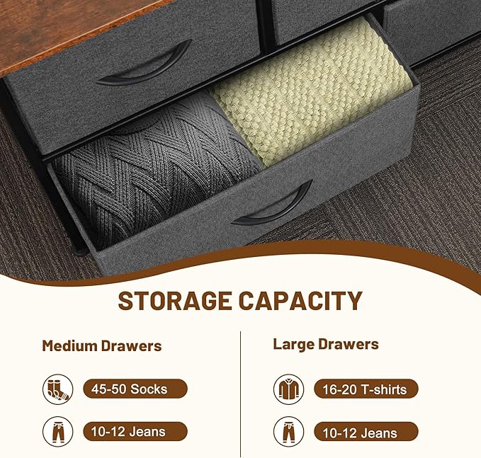 Dresser for Bedroom with 5 Drawers, Chest of Drawers, Storage Drawers Organizer Unit, Grey Wide Fabric Dresser with Fabric Bins for Closet, Living Room, Bedroom (Grey and Rustic Brown)