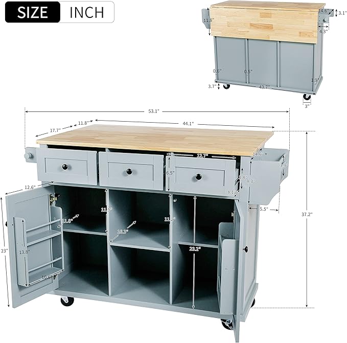 Rolling Mobile Kitchen Island Cart Cabinet with Door Internal Storage Racks, 3 Drawers and 5 Locking Wheels for Dining Room
