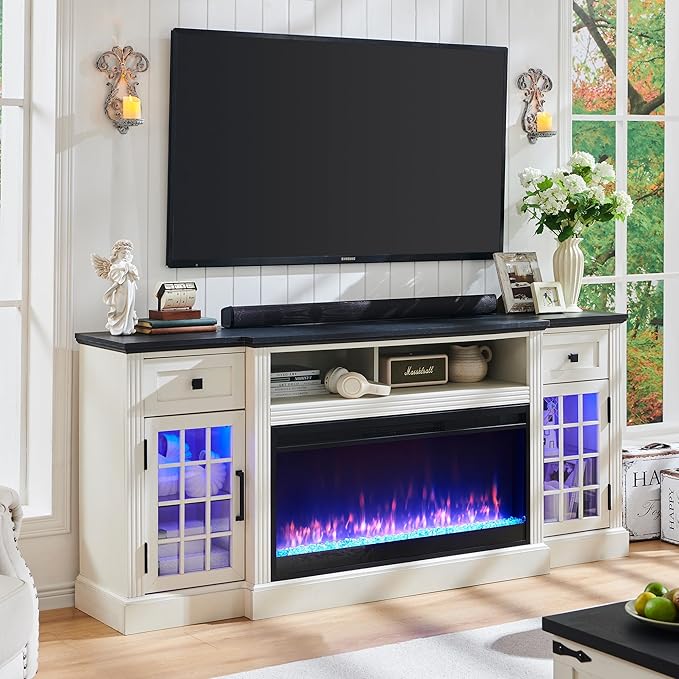Farmhouse Fireplace TV Stand for 80 Inch TV, Entertainment Center w/ 36'' Electric Fireplace & LED Lights, Mordern Media Console with Storage Drawers & Cabinets for Living Room, White