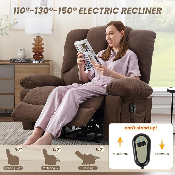 Oversized Power Recliner Chair 350lb with Hidable Cup Holders, Extra Wide Large Big Electric Recliner Chair with Lumbar Support Pillow Nursery Chair Living Room (Power, BROWN-6001)