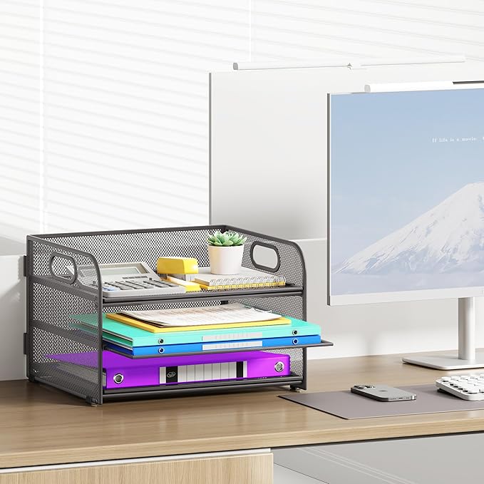 3 Tier Paper Organizer with Handle, Metal Desk Organizer Mesh Paper Letter Tray Desktop File Folder Document Sorter for Classroom, School, Office Accessories Organization and Storage - Grey