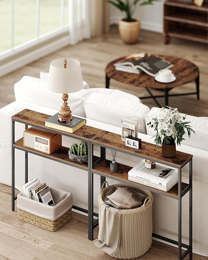 VASAGLE Console Table, 2-Tier Narrow Sofa Table with 2 Shelves, 7.9 x 31.5 x 31.5 Inches, for Living Room, Hallway, Entryway, Rustic Brown and Ink Black ULNT130K01V1