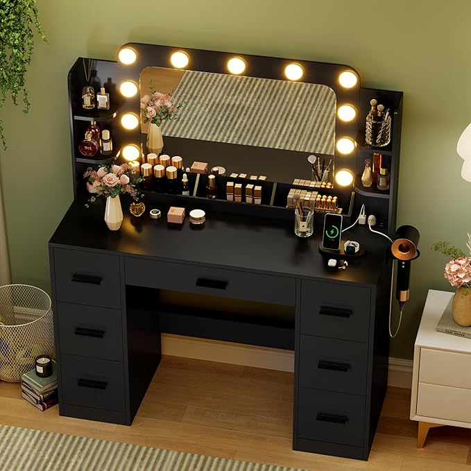 JUMMICO Makeup Vanity Desk with Large Mirror and Lights, Vanity with Power Strip and Hairdryer Holder, 6 Open Shelves and 7 Drawers Modern Dressing Table, for Bedroom (Black)