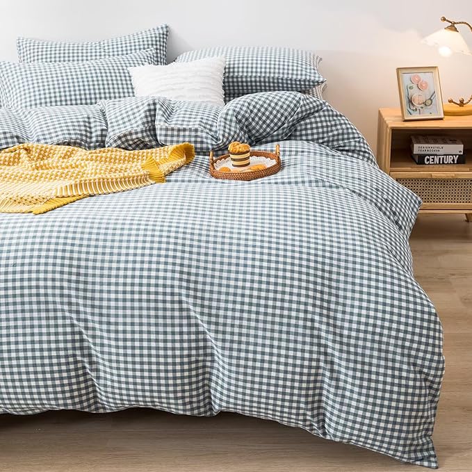 mixinni Blue Gingham Comforter Set Full, Plaid Comforter Set 3 Pieces 1 Blue Grid Comfoter with 2 Pillow Cases for All Seasons, Soft Fluffy Modern Grid Pattern Printed Bedding-Full Size
