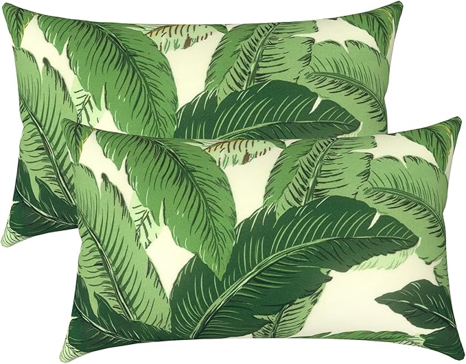 LVTXIII Set of 2 Patio Lumbar Pillows, 12”x20” Fade Resistant Outdoor Lumbar Pillow with Inners, Fluffy Decorative Garden Lumbar Cushions for Home Patio Coach Sofa Use, Swaying Palms Green
