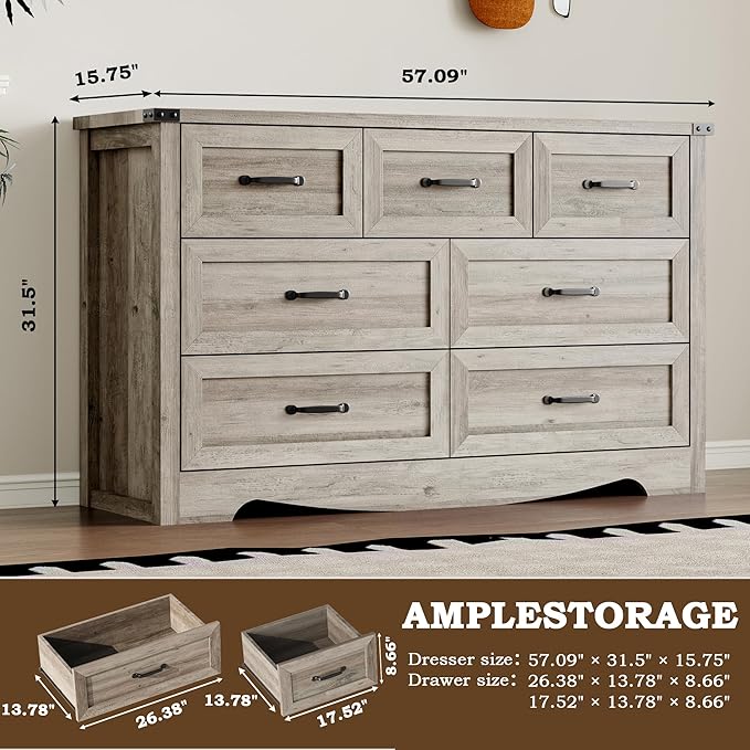 7-Drawer Dresser for Bedroom, Modern Wooden Chest of Drawers with Metal Handles, Anti-Tipping Design, Sturdy and Stable Storage Organizer for Living Room, Entryway, Home Office
