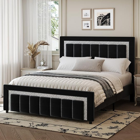 HOMBCK Queen Bed Frame with Headboard, Modern Platform Bed Frame with Velvet Upholstered Footboard and Sturdy Wooden Slats Support, Mattress Foundation, No Box Spring Required, Easy Assembly, Black