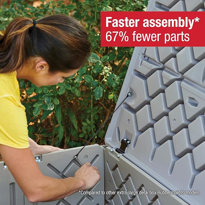 Rubbermaid Medium Resin Outdoor Storage Deck Box (74 Gal) Weather Resistant Gray Deck Organization for Home/Backyard/Pool Chemicals/Toys/Garden Tools/Porch/Patio Cushions