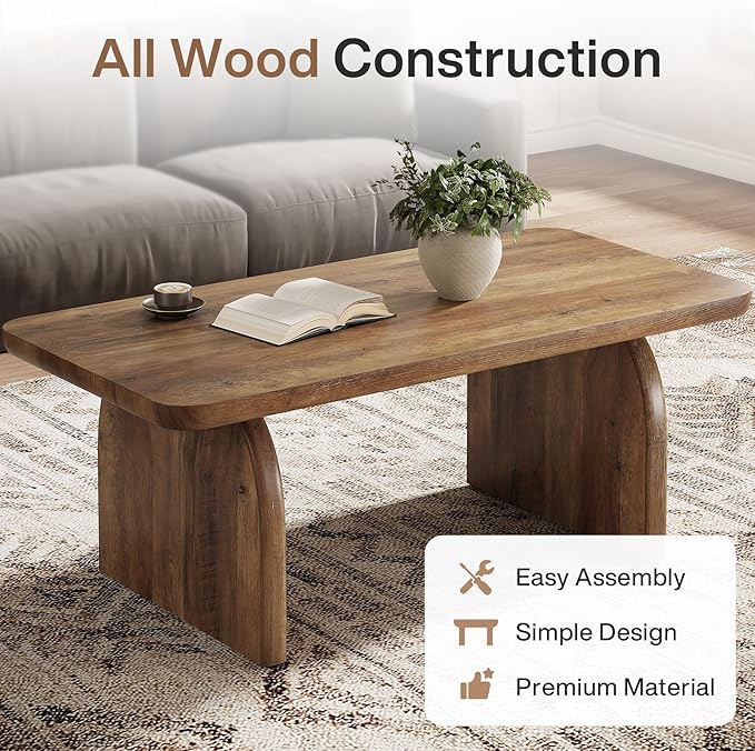 Tribesigns Farmhouse Coffee Table for Living Room, 47-Inch Mid-Century Rectangle Center Table with Rounded Corners, Modern Low Large Cocktail Tea Furniture, Easy Assembly