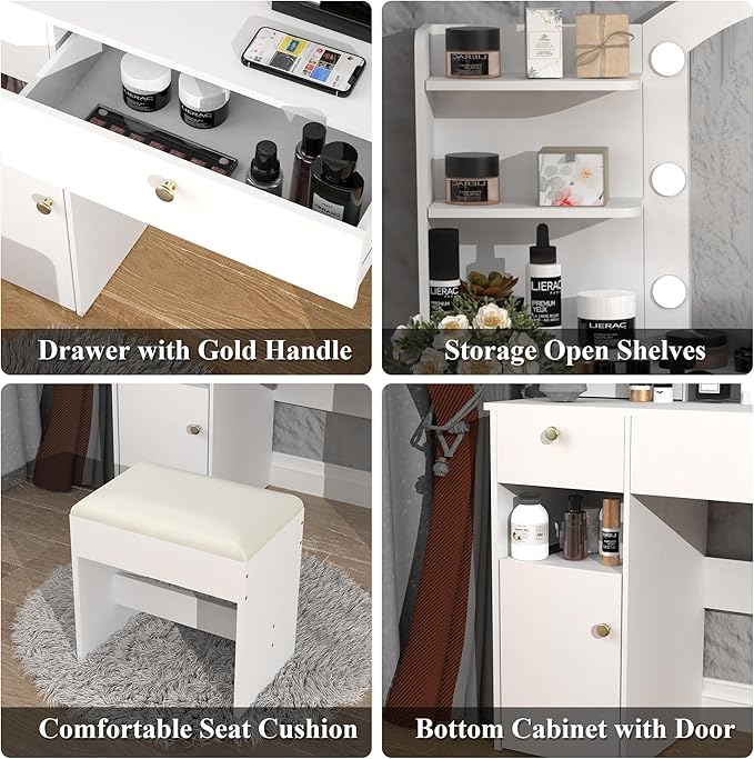 MISHAO Vanity Desk Set w/Mirror & Lights, 37" Makeup Vanity Table w/Chair & Power Outlet, Storage Drawers & Open Shelves, 3 Color Modes & Adjustable Brightness Dressing Table for Bedroom, White