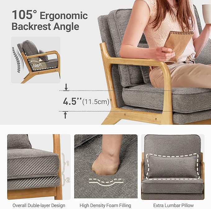 COLAMY Mid Century Modern Accent Chair Set of 2 with Lumbar Pillow, Relaxing Armchair with Solid Wood Frame & Soft Cushion, Reading Leisure Chair for Living Room,（Grey）