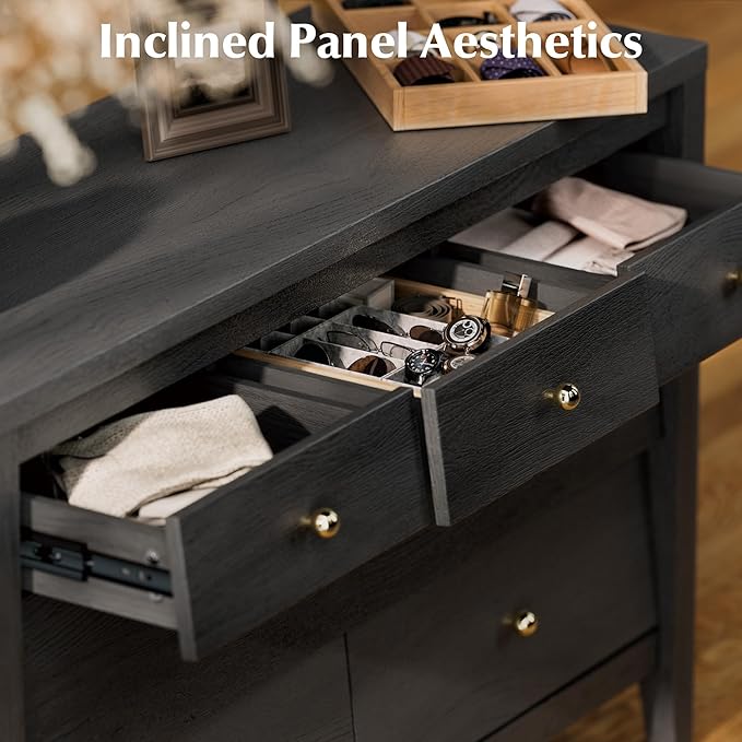 7 Drawers Dresser with Beveled Panel, Farmhouse Chest of Dressers for Bedroom, Wood Dresser TV Stand, Drawer Organizer for Bedroom, Living Room, Black