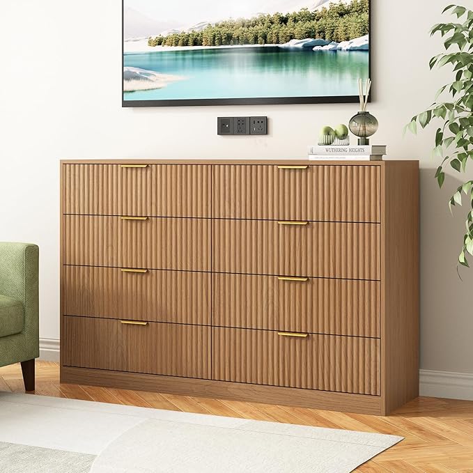 8 Drawer Dresser for Bedroom, Modern Fluted Double Dresser, 55" Wide Chest of Dressers, Mid Century Wooden Beside Table for Closet, Living Room and Entryway, Natural