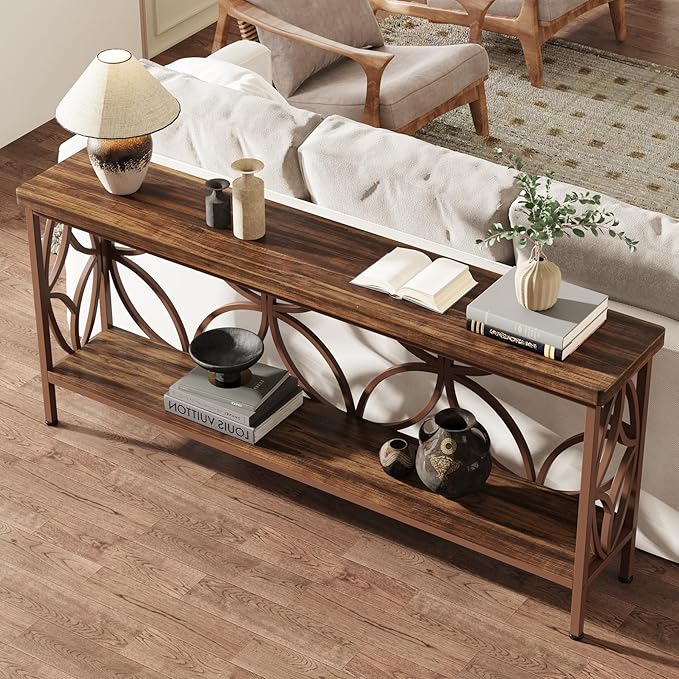 Tribesigns 70.9-Inch Narrow Sofa Table, Industrial Long Sofa Table Behind Couch, Entry Console Table with Storage for Entryway, Living Room, Foyer, Unique Design, Brown Matte