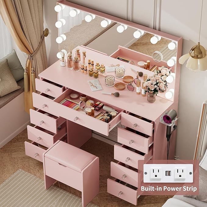 VOWNER Vanity with Lighted Mirror - Makeup Vanity Desk with Lights and 11 Drawers, 3 Color Lighting Modes Adjustable Brightness, 46" Makeup Desk with Soft Cushioned Stool for Bedroom, Pink