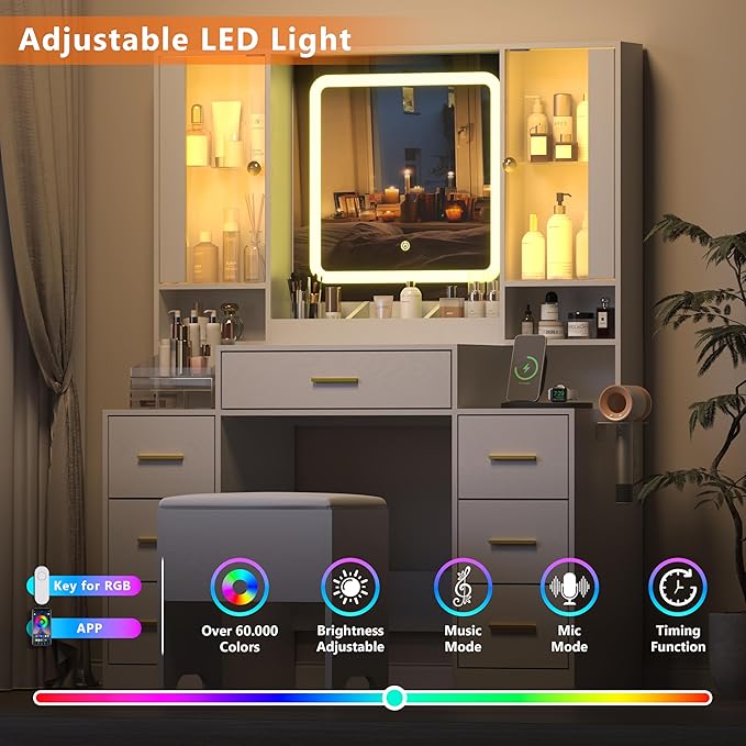 White Makeup Vanity Desk with Mirror & Lights, Modern Vanity Table with Charging Station, 7 Drawers, Glass Cabinet, Shelves & Cushioned Stool, Bedroom Dressing Table Set for Women & Girls