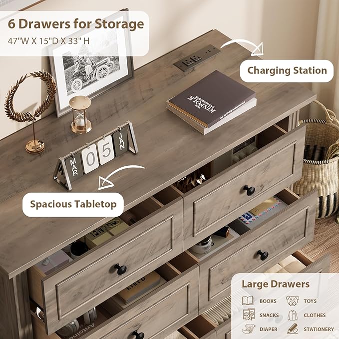 QUW Farmhouse 6 Drawer Dresser for Bedroom, 47" Wide Wood Chest of Drawers with Charging Station, Metal Handle, Modern Closet Clothes Storage Organizer for Living Room, Hallway, Entryway, Grey