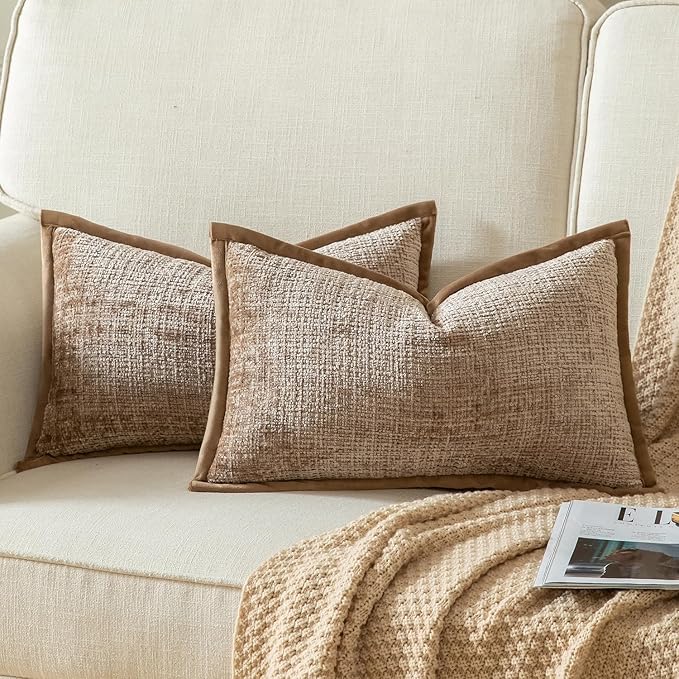 Yaertun Pack of 2 Chenille Textured Decorative Throw Pillow Covers Accent Solid Cushion Cover Soft Cozy Pillow Case with Velvet Back for Couch Sofa Bed Living Room 12x20 Inch Camel