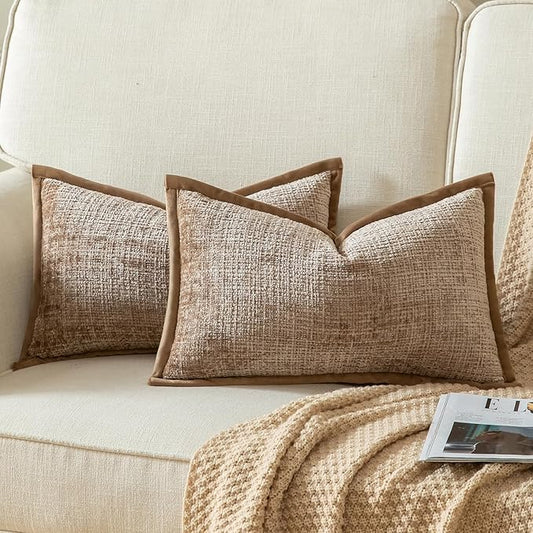 Yaertun Pack of 2 Chenille Textured Decorative Throw Pillow Covers Accent Solid Cushion Cover Soft Cozy Pillow Case with Velvet Back for Couch Sofa Bed Living Room 12x20 Inch Camel