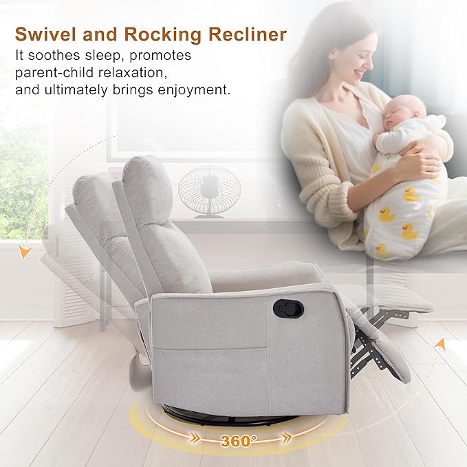 Manual 360° Swivel Rocker Recliner Chair for Adults, Overstuffed Glider Chair for Nursery with Vibration Massage and Heat, Comfy Soft Fabric Glider with Side Pockets for Living Room, Beige