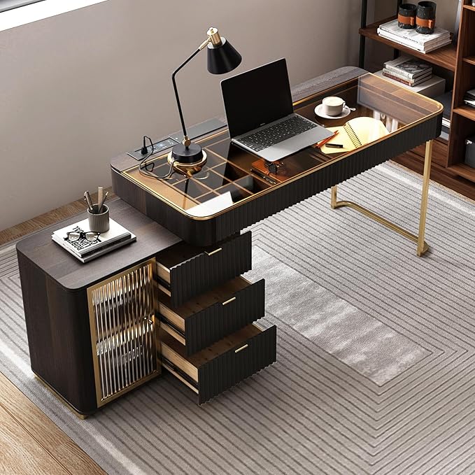 Lartis Office Desk, Very Easy to Assemble, Computer Desk, Home Telescopic Writing Desk, Modern Computer Desk with Retractable Cabinet Built-in LED Lights (Black Brown, 53 in)