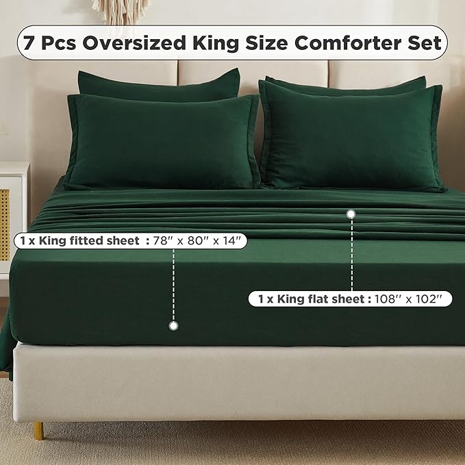 Litanika Oversized King Comforter Sets Emerald Green - 7 Pieces Bed in a Bag Oversized King Bedding Comforter Sets, Solid Lightweight Bed Set with Comforter, Sheets, Pillowcases & Shams