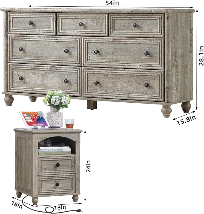 Dressers & Night Stand Set of 3, Wood 54" Wide Dresser & 18" with Charging Station Chest of Drawers, Roman Column Nightstand Set of 2, Bedroom Furniture Dresser Suites for Home Living Room Hallway