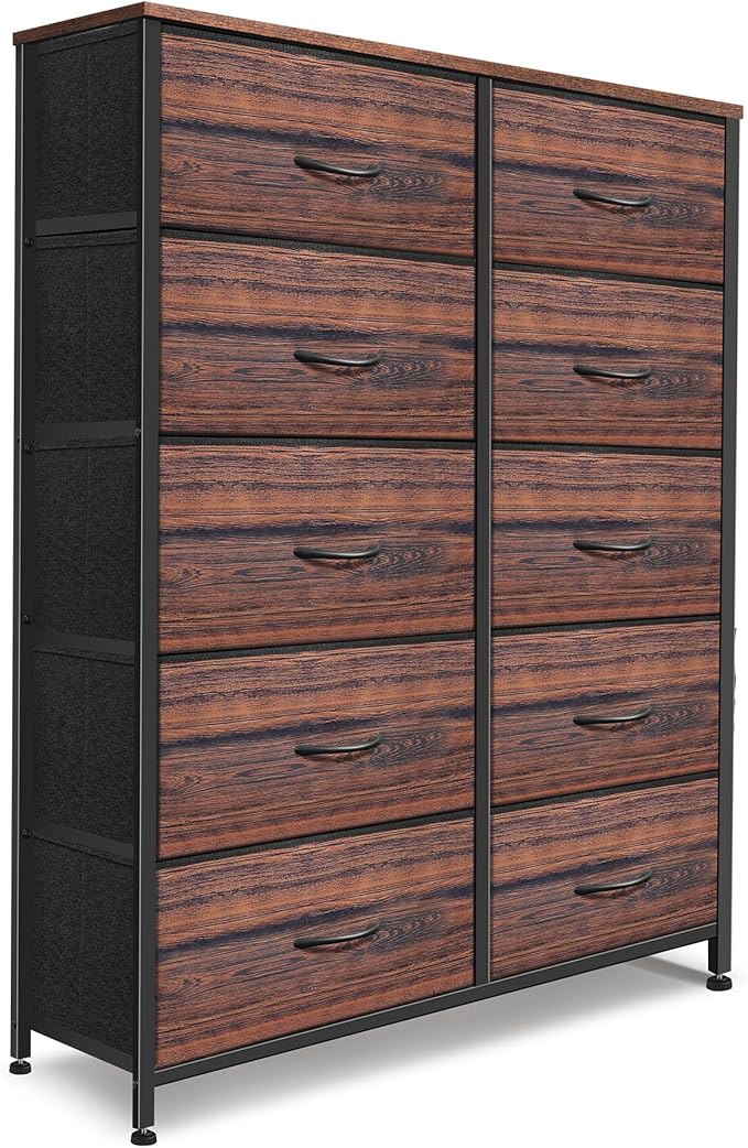 Dresser for Bedroom with 10 Drawers, Chest of Drawers, Storage Drawers Organizer Unit, Grey Wide Fabric Dresser with Fabric Bins for Closet, Living Room, Entryway (Brown and Rustic Brown)
