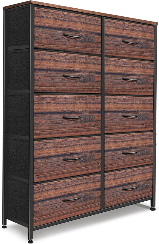 Dresser for Bedroom with 10 Drawers, Chest of Drawers, Storage Drawers Organizer Unit, Grey Wide Fabric Dresser with Fabric Bins for Closet, Living Room, Entryway (Brown and Rustic Brown)