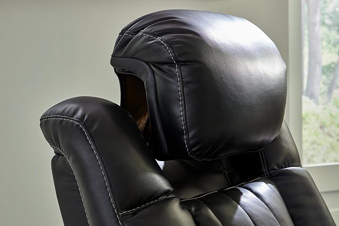 Signature Design by Ashley Caveman Den Modern Faux Leather Power Reclining Sofa with Adjustable Headrest, Drop Down Table, Electrical Outlets and LED Reading Lights, Black