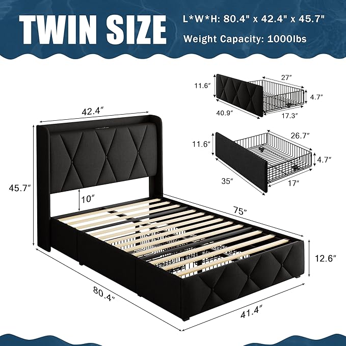 Twin Bed Frame with 4 Large Storage Drawers, Upholstered Platform Bed with Charging Station, Modern Wingback Storage Headboard, Easy Assembly,Noise-Free, Black