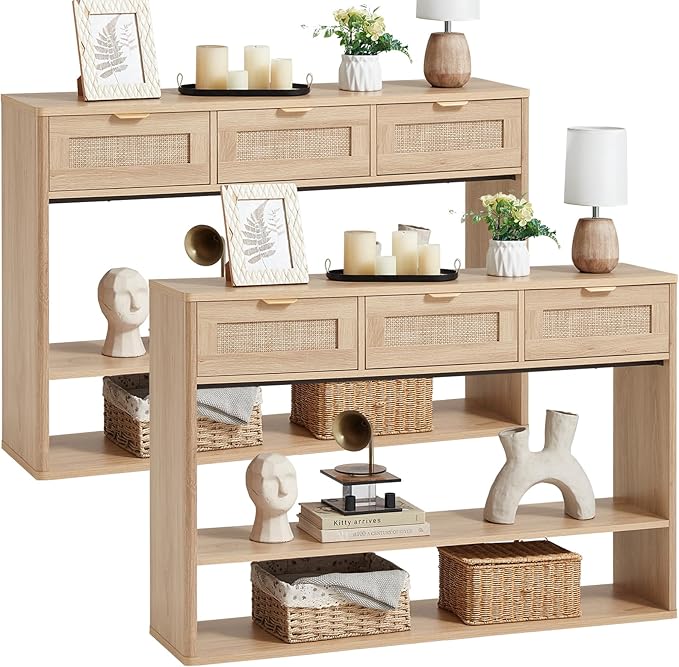LEYAOYAO 48" Boho Rattan Console Table with 3 Drawers Set of 2,Wooden Entryway Table with Open Storage Shelf, 3 Tier Narrow Long Behind Couch Sofa Tables for Living Room, Hallway, Foyer, Natural Wood