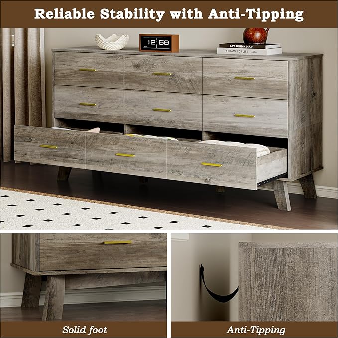 Dresser for Bedroom with 9-Drawer, 59" Wide Modern Chest of Drawers with Metal Handles, X-Shape Base & Adjustable Center Leg, Anti-Tip Closet Organizers and Storage