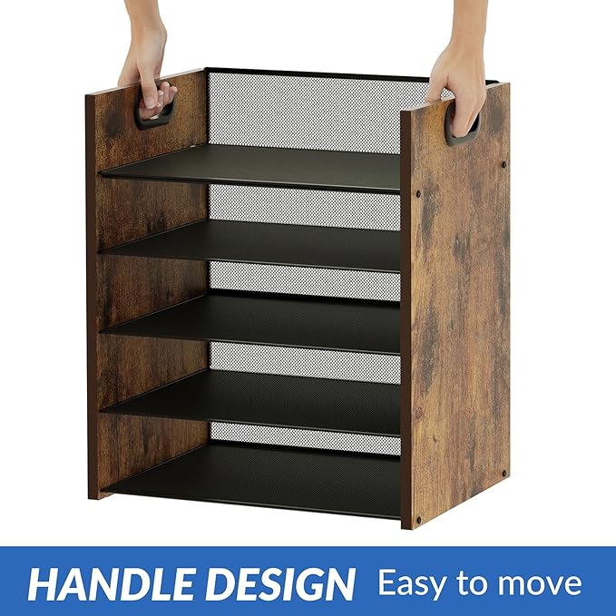 5 Tier Wood Paper Organizer for Desk, Metal Office Organizer and Accessories with Handle, Mesh File Holder for Desk, File Cabinets for Home Office, School