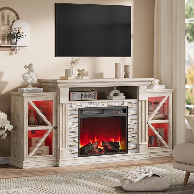 QUW Electric Fireplace TV Stand, 70" Farmhouse Entertainment Center with Open Shelf and Glass Barn Door Cabniet, Modern TV Console Table with 7 Flame Colors for Living Room, Antique Brush Grey