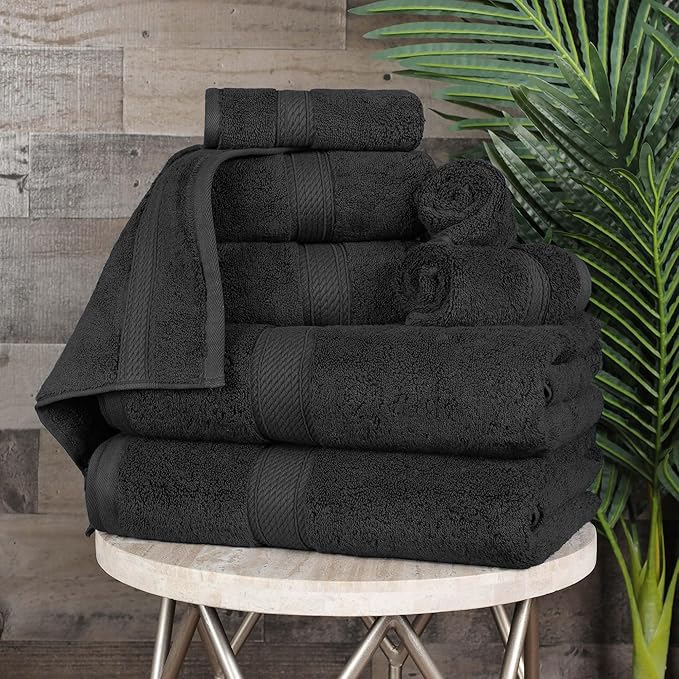 Superior Egyptian Cotton Pile 8 Piece Towel Set, Includes 2 Bath, 2 Hand, 4 Face Towels/Washcloths, Ultra Soft Luxury Towels, Thick Plush Essentials, Guest Bath, Spa, Hotel Bathroom, Black