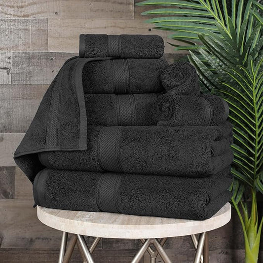 Superior Egyptian Cotton Pile 8 Piece Towel Set, Includes 2 Bath, 2 Hand, 4 Face Towels/Washcloths, Ultra Soft Luxury Towels, Thick Plush Essentials, Guest Bath, Spa, Hotel Bathroom, Black