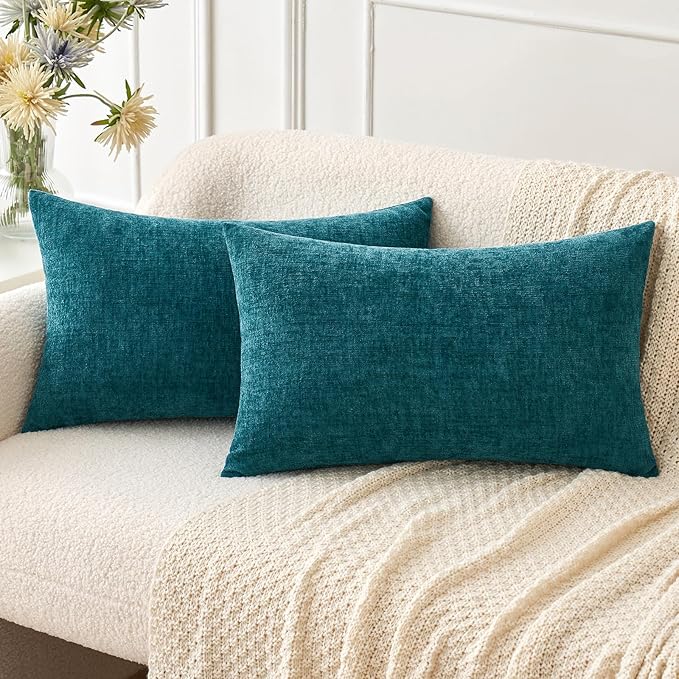 MIULEE Pack of 2 Dark Teal Throw Pillow Covers 12x20 Inch Soft Chenille Pillow Covers for Sofa Living Room Couch Solid Dyed Cases
