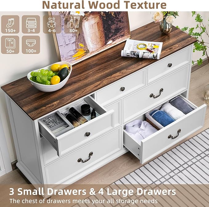 Farmhouse 54" 7 Drawers Dresser for Bedroom, White Wood Chest of Drawers w/ 4 Wooden Legs, Vintage Closet Storage Dressers Organizer for Hallway, Rustic Large TV Stand for Living Room, Foyer