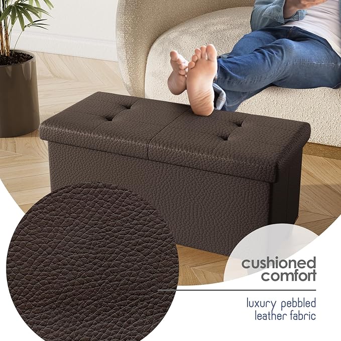 STORAGEBUD Storage Ottoman Bench with Bins, 30-in Storage Bench for Bedroom End of Bed, Folding Foot Rest Ottoman for Living Room Max 660lbs, Faux Leather Ottomans, Brown