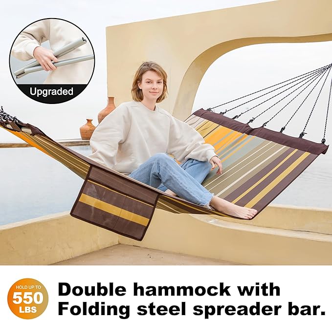 14ft Two Person Outdoor Hammock, Portable Camping with Folding Steel Spreader Bar, Carrying Bag, Carabiners, Tree Straps, Pillow & Sidebag, Quick Dry Textilene, 550 lbs Capacity (Coffee)
