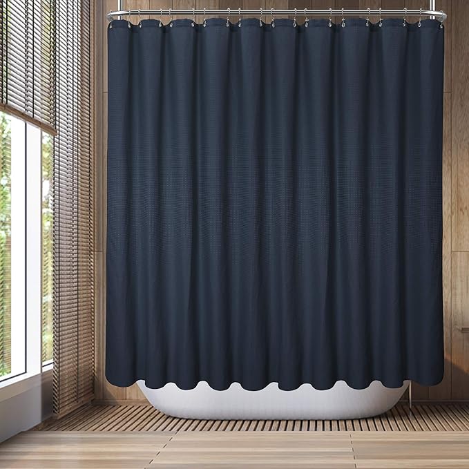 Barossa Design Waffle Weave Clawfoot Tub Shower Curtain 180 x 70 Inch Wrap Around - Heavyweight Fabric to Stop Blowing, Washable, Water Repellent, with 36 Rust-Free Hooks Set, Navy Blue, 180x70