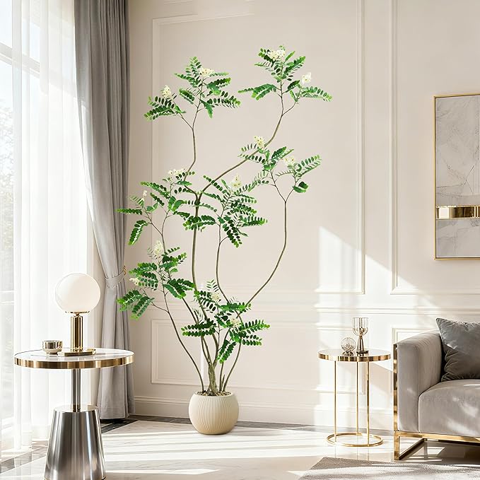 Artificial Locust Tree：6FT Faux Black Locust Floor Plant with White Flowers Small Round Silk Leaves & Elegant Branches in Beige Ribbed Planter for Indoor Home Office Decor Hotel Patio Studio