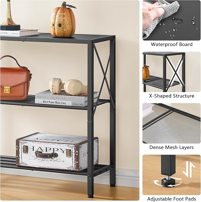 Hoctieon Industrial Console Table, 3-Tier Entryway Table, Metal Frame, Sofa Tables with Shelf, Hallway Desk, Entrance Desk for Entryway, Living Room, Foyer, Hallway, Black