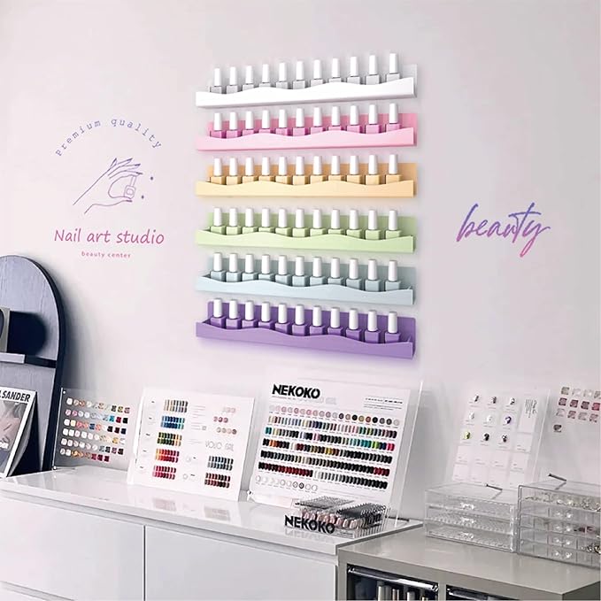 YMVV 6 Colors Nail Polish Wall Mounted Shelf,15 Inch Nail Polish Floating Shelves for 66-90 Bottles Multi-Purpose,Ideal Gift, Great Display for Salons Retailers,6 Pack