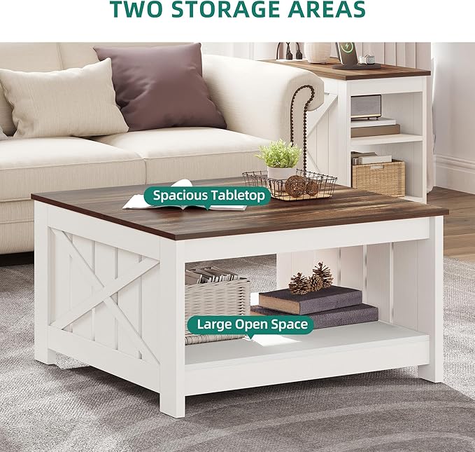 YITAHOME Coffee Table Farmhouse Coffee Table with Storage Rustic Wood Cocktail Table, Square Coffee Tables for Living Meeting Room with Half Open Storage Compartment, Brown with White