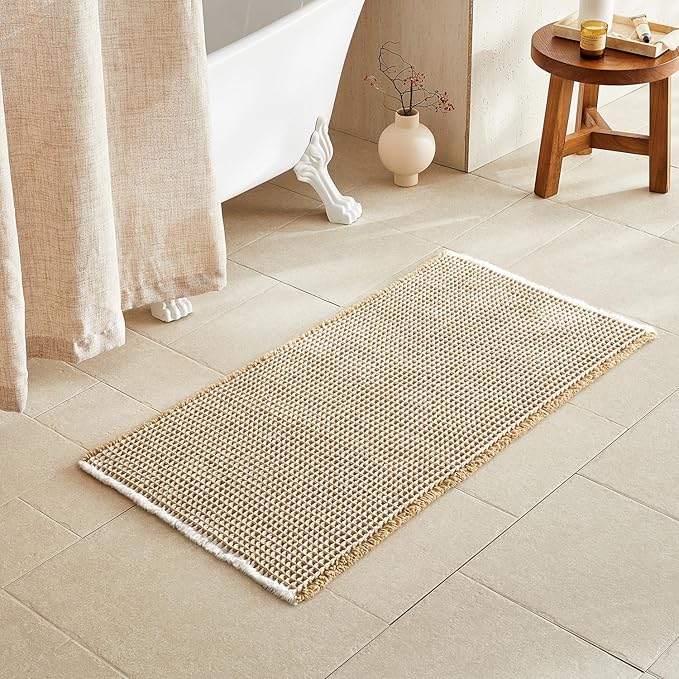 Waffle Bath Mat, Boho Bathroom Rugs Non Slip Washable Super Absorbent Quick Dry Bath Mat Farmhouse Bathroom Decor, 48"x24" Khaki and White