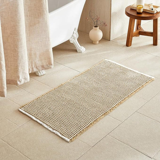 Waffle Bath Mat, Boho Bathroom Rugs Non Slip Washable Super Absorbent Quick Dry Bath Mat Farmhouse Bathroom Decor, 48"x24" Khaki and White